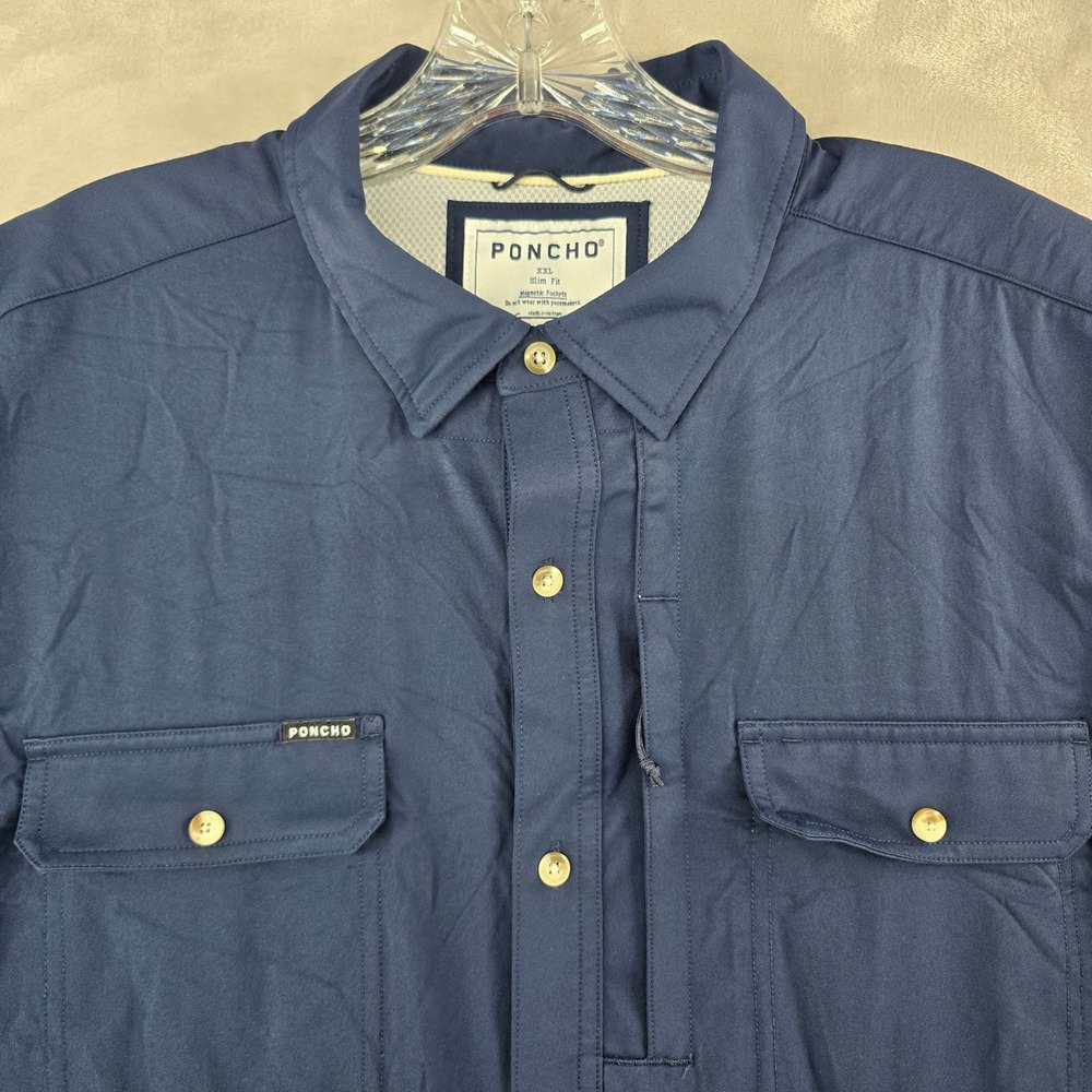 Poncho Outdoors Shirt Mens XXL Slim Fit Navy Blue Short Sleeve Magnetic Pockets